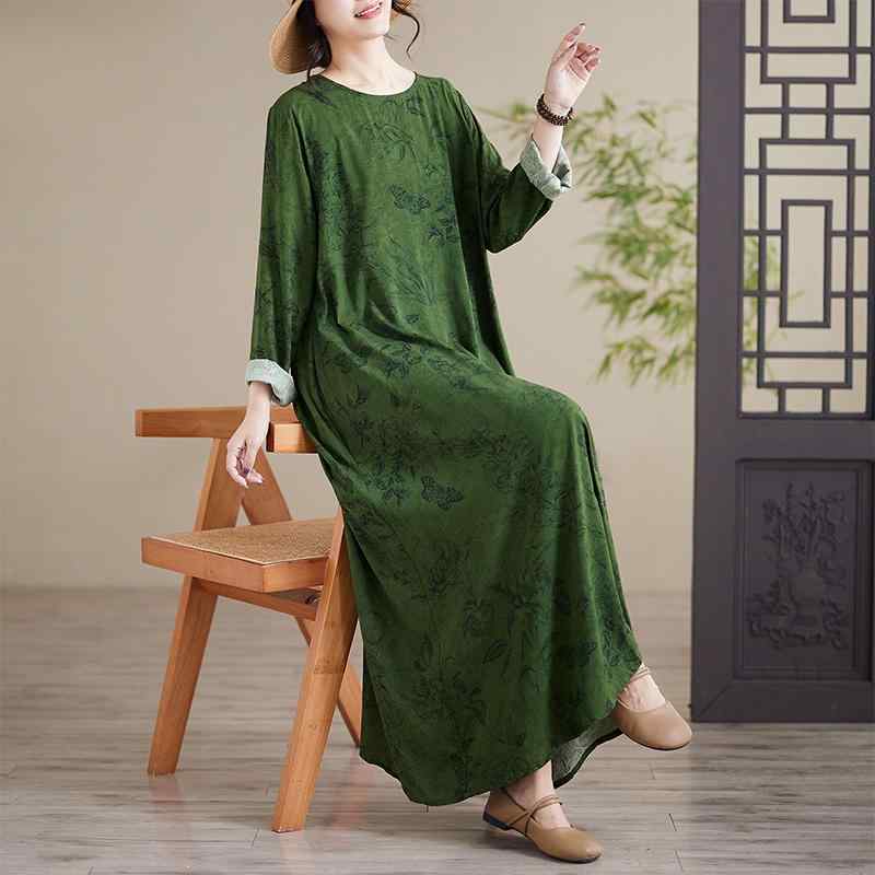 秋冬 コーデ レディース ファッション オシャレ 服 カワイイ シンプル 大人カワイイ 大きいサイズ レトロ プリント 綿 リネン ドレス ローブ ラウンドネック ロング スカート