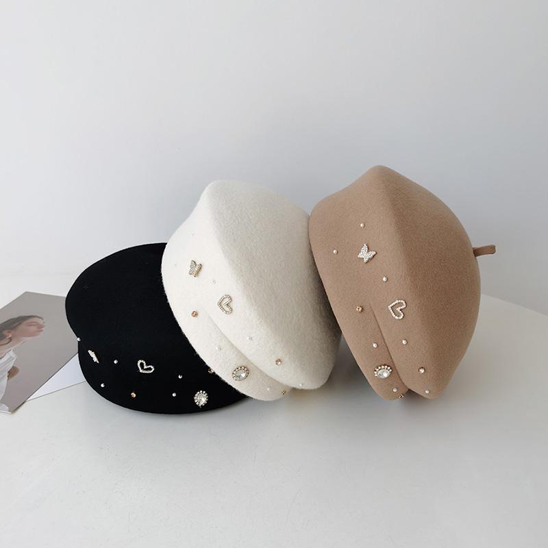 秋冬 コーデ レディース ファッション オシャレ アイテム カワイイ シンプル 大人カワイイ レトロ エレガント ラインストーン ウール CA 帽子 画家 ベレー帽 韓国スタイル カボチャ ハット