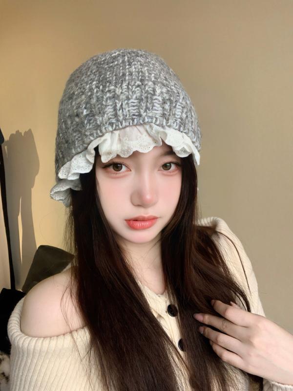 秋冬 コーデ レディース ファッション オシャレ アイテム カワイイ シンプル 大人カワイイ 韓国スタイル レース ニット フィッシャーマン ハット 暖かい ウール バケット