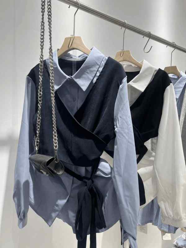 秋冬 コーデ レディース ファッション オシャレ 服 カワイイ シンプル 大人カワイイ 大きいサイズ フェイク ツーピース ストラップ ベスト シャツ スリム トップス(4)