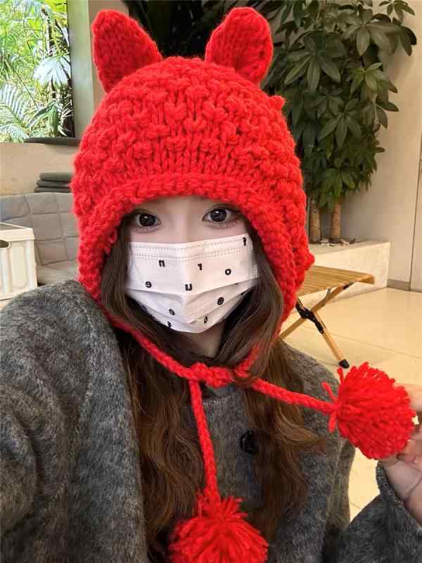 秋冬 コーデ レディース ファッション オシャレ アイテム カワイイ シンプル 大人カワイイ 韓国スタイル ウサギ 耳 ウール 帽子 ニット 耳保護 暖かい