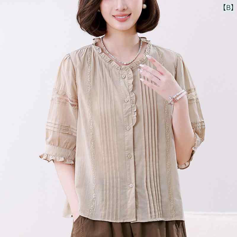 シャツ レディース 半袖 薄手 フレンチ スタイル パフスリーブ 透かし編み 夏 高見え 上品 licot-13024841 リコット サンプル画像3