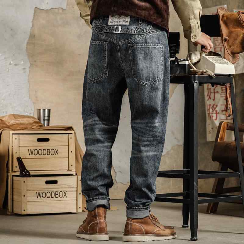 秋冬 コーデ メンズ 服 シンプル ファッション オシャレ 大人 かっこいい 大きいサイズ ストリート 紳士服 アメリカン レトロ ヘビーウォッシュ ドワーク ジーンズ フレンチ バックル ストレート テーパード パンツ(4)