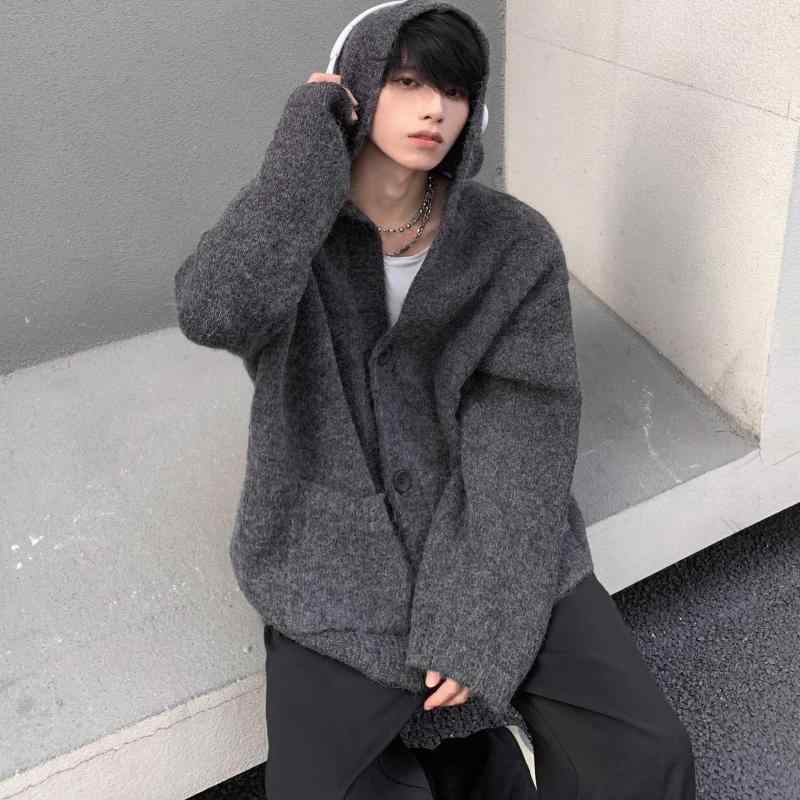 秋冬 コーデ メンズ 服 シンプル ファッション オシャレ 大人 かっこいい 大きいサイズ ストリート 紳士服 韓国スタイル ハイエンド グレー フード付き セーター ゆったり レトロ ニットカーディガン ジャケット