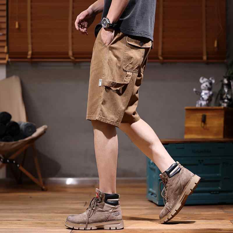 秋冬 コーデ メンズ 服 シンプル ファッション オシャレ 大人 かっこいい 大きいサイズ ストリート 紳士服 アメリカン レトロ カーキ カーゴ パンツ アミ ウォッシュ ゴム ウエスト ハーフ パンツ