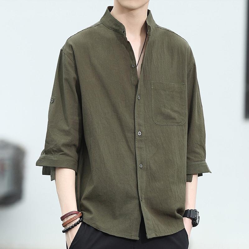 秋冬 コーデ メンズ 服 シンプル ファッション オシャレ 大人 かっこいい 大きいサイズ ストリート 紳士服 スタンドカラー シャツ 綿麻 七分袖 五分袖 韓国スタイル カジュアル