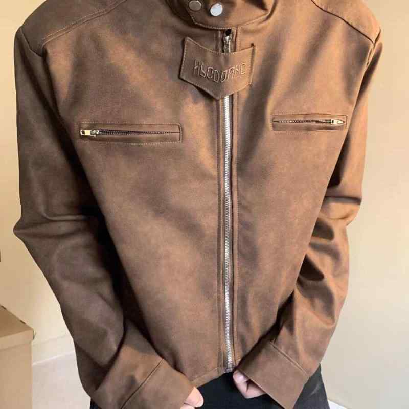 秋冬 コーデ メンズ 服 シンプル ファッション オシャレ 大人 かっこいい 大きいサイズ ストリート 紳士服 アメリカン レトロ カジュアル ブラウン ライダース エコ レザー ジャケット ショルダーパッド スタンドカラー ジャケット
