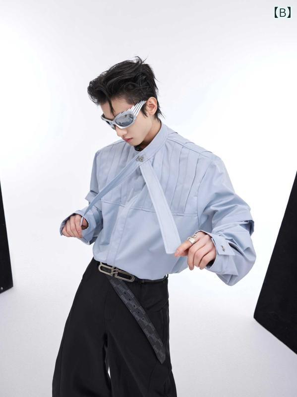 秋冬 コーデ メンズ 服 シンプル ファッション オシャレ 大人 かっこいい 大きいサイズ ストリート 紳士服 解体 プリーツ 長袖 リボン シャツ ゆったり ハイエンド カーディガン