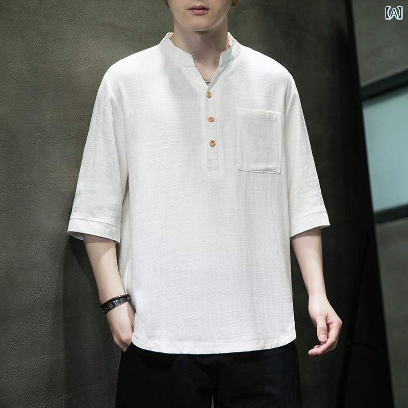 秋冬 コーデ メンズ 服 シンプル ファッション オシャレ 大人 かっこいい 大きいサイズ ストリート 紳士服 軽 通気 リネン 半袖 T シャツ 素材 ゆったり 五分袖 綿麻