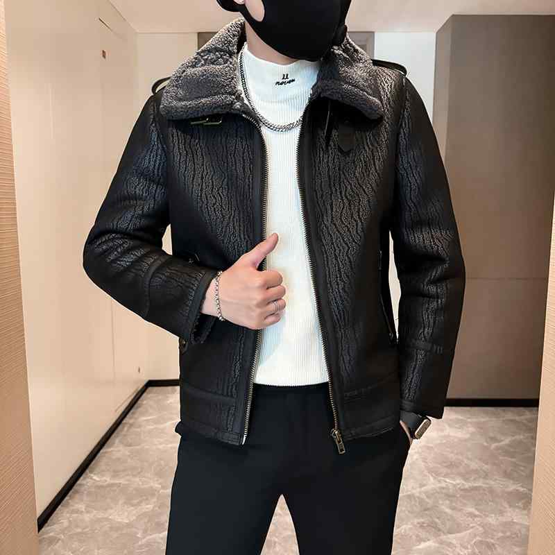 秋冬 コーデ メンズ 服 シンプル ファッション オシャレ 大人 かっこいい 大きいサイズ ストリート 紳士服 ファー ワンピース ジャケット ラムウール 厚手 ジャケット トップス