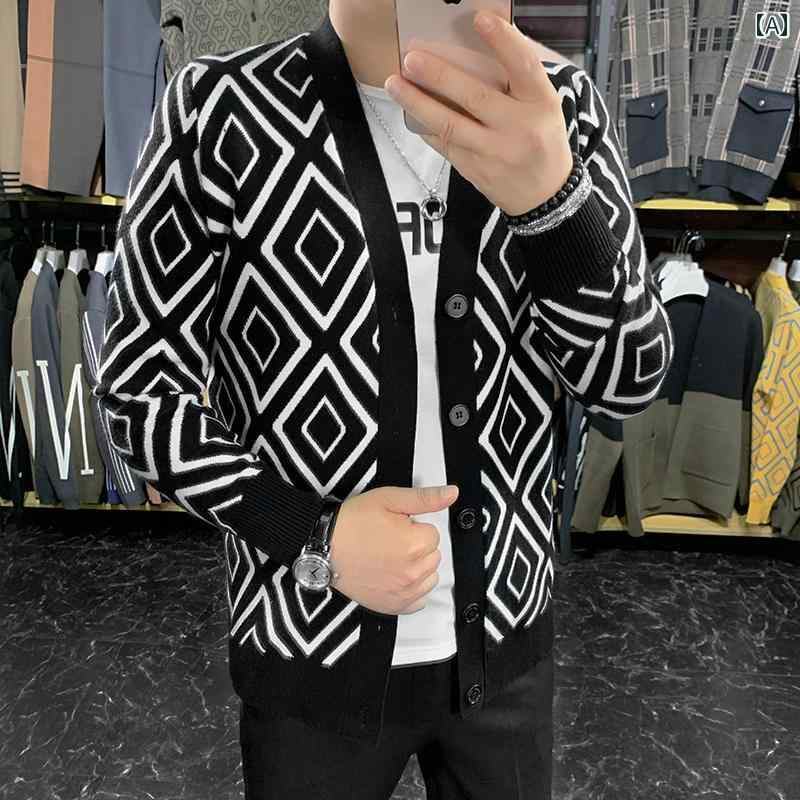 秋冬 コーデ メンズ 服 シンプル ファッション オシャレ 大人 かっこいい 大きいサイズ ストリート 紳士服 Vネック ジャカード ニットカーディガン 長袖 トップス セーター ジャケット