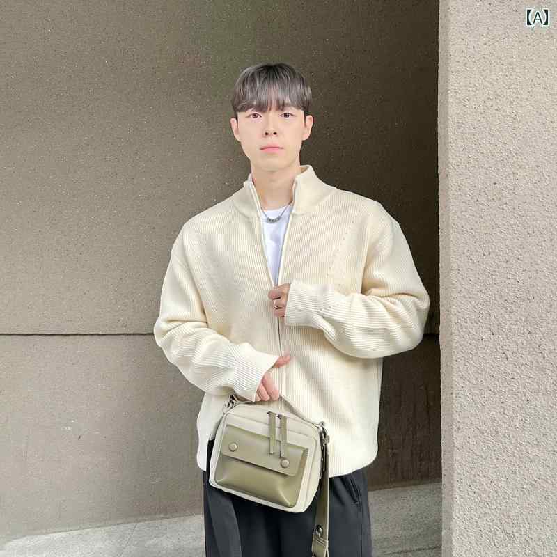 秋冬 コーデ メンズ 服 シンプル ファッション オシャレ 大人 かっこいい 大きいサイズ ストリート 紳士服 白 スタンドカラー ジッパー セーター 韓国スタイル シンプル ジャケット