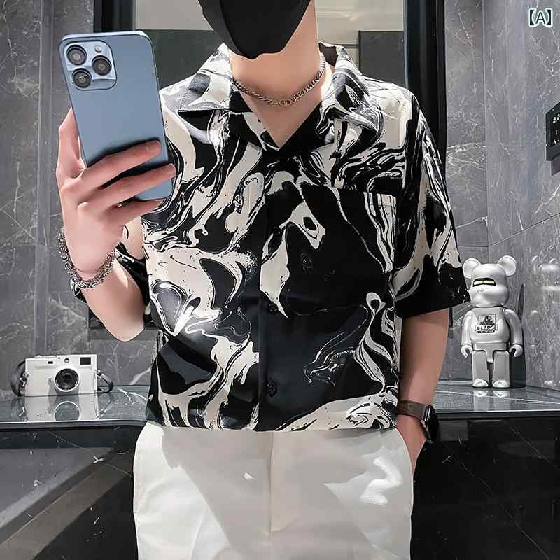 秋冬 コーデ メンズ 服 シンプル ファッション オシャレ 大人 かっこいい 大きいサイズ ストリート 紳士服 ハイエンド アイロン不要 半袖 シャツ カジュアル プリント トップス 薄手