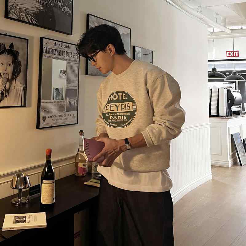 秋　冬 コーデ メンズ 用 服 シンプル ファッション オシャレ 大人 かっこいい 大きいサイズ ストリート 紳士服 アメリカン レトロ スウェットシャツ パーカー 韓国スタイル ラウンドネック プリント 長袖 プルオーバー ジャケット(4)