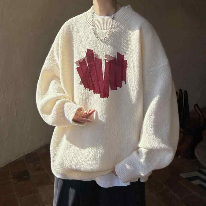 秋冬 コーデ メンズ 服 シンプル ファッション オシャレ 大人 かっこいい 大きいサイズ ストリート 紳士服 白 レイヤリング セーター 厚手 アメリカン