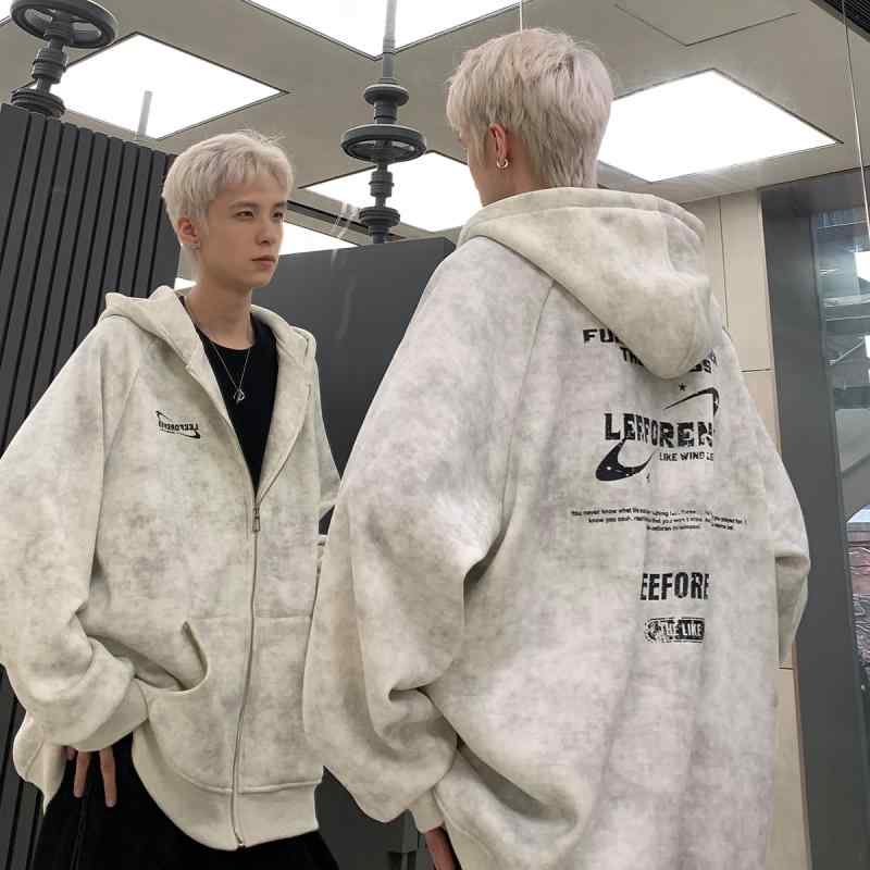 秋冬 コーデ メンズ 服 シンプル ファッション オシャレ 大人 かっこいい 大きいサイズ ストリート 紳士服 アメリカン ヘビー カーディガン スウェットシャツ パーカー タイダイ柄 ダメージ加工 フード付き ジャケット カジュアル トップス