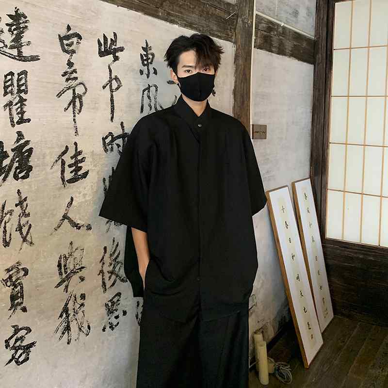 秋冬 コーデ メンズ 服 シンプル ファッション オシャレ 大人 かっこいい 大きいサイズ ストリート 紳士服 半袖 シャツ 薄手 ハイエンド 黒 速乾