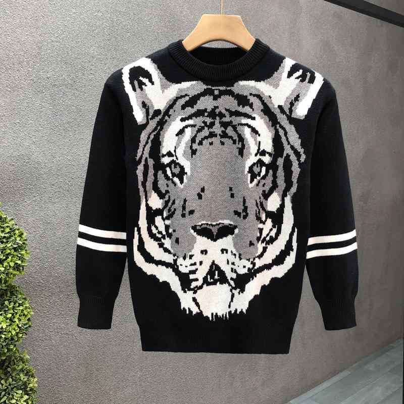 秋冬 コーデ メンズ 服 シンプル ファッション オシャレ 大人 かっこいい 大きいサイズ ストリート 紳士服 ハイエンド タイガーヘッド ジャカードセーター 暖かい セーター ベース レイヤー シャツ