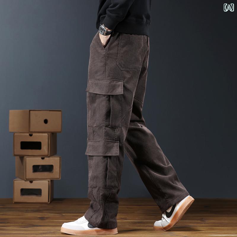 秋冬 コーデ メンズ 服 シンプル ファッション オシャレ 大人 かっこいい 大きいサイズ ストリート 紳士服 コーデュロイ ワークカジュアルパンツ マルチ ポケット ストレート パンツ ゆったり 快適