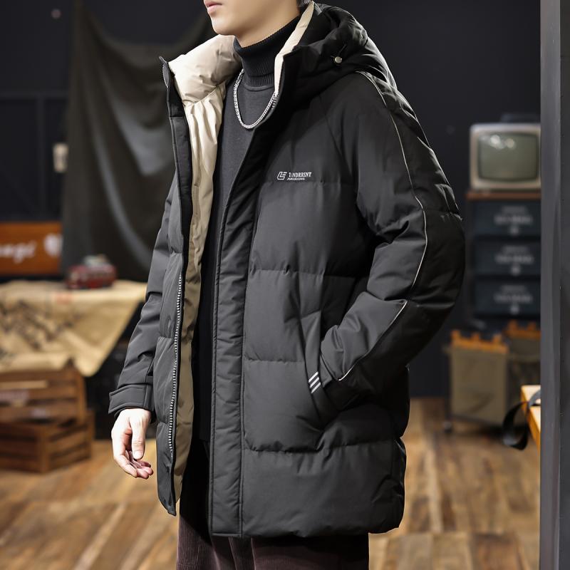 秋冬 コーデ メンズ 服 シンプル ファッション オシャレ 大人 かっこいい 大きいサイズ ストリート 紳士服 グース ダウン ミドル丈 ジャケット 厚手 暖かい フード付き
