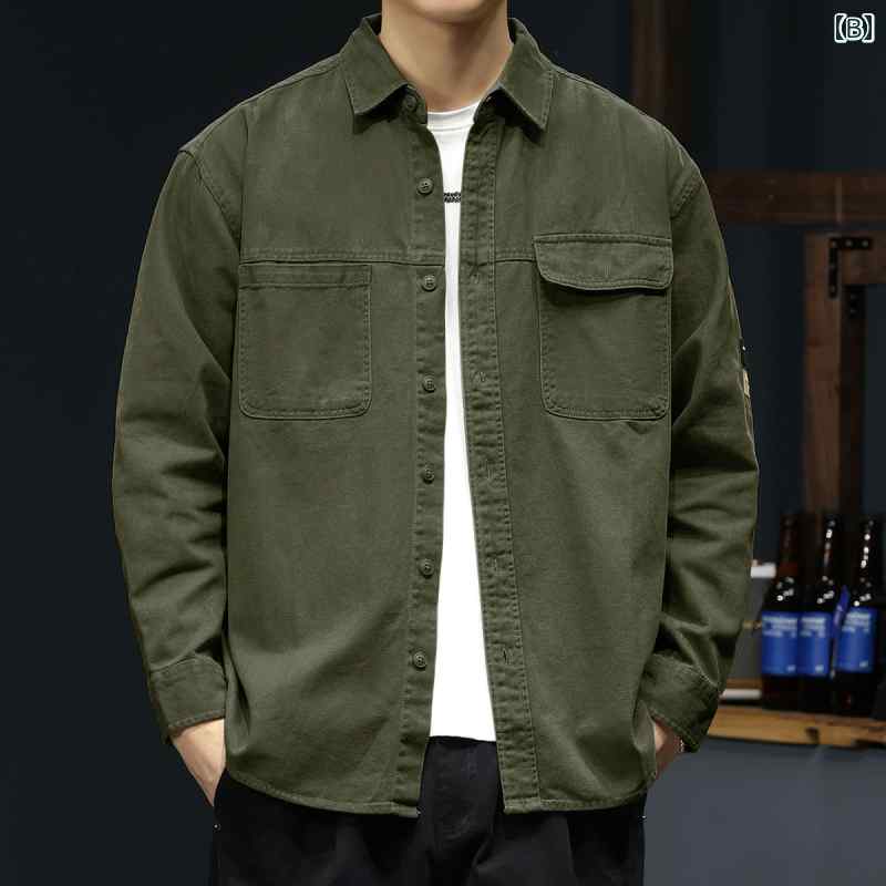 秋冬 コーデ メンズ 服 シンプル ファッション オシャレ 大人 かっこいい 大きいサイズ ストリート 紳士服 マルチ ポケット ワークシャツ 長袖 レトロ ミリタリー グリーン ジャケット シャツ