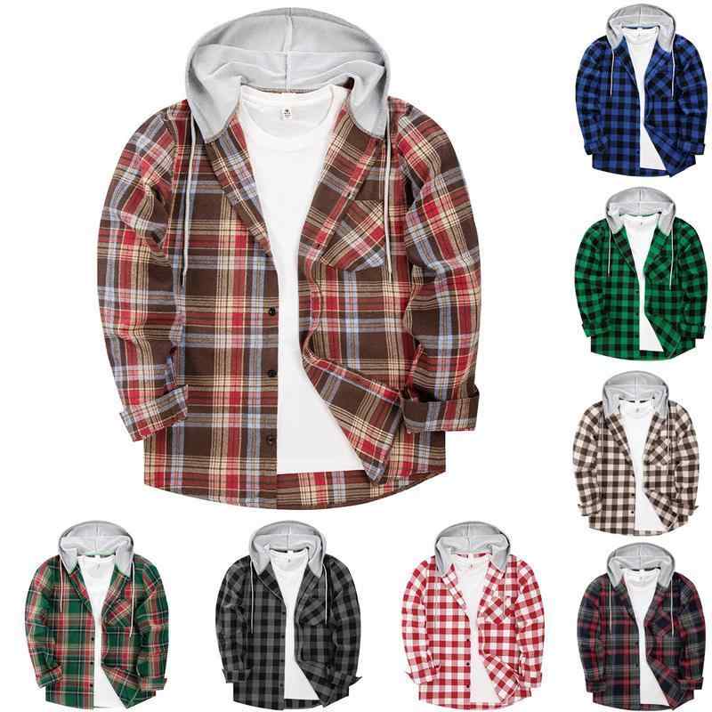 秋冬 コーデ メンズ 服 シンプル ファッション オシャレ 大人 かっこいい 大きいサイズ ストリート 紳士服 アメリカン カジュアル 長袖 フード付き チェック柄 シャツ