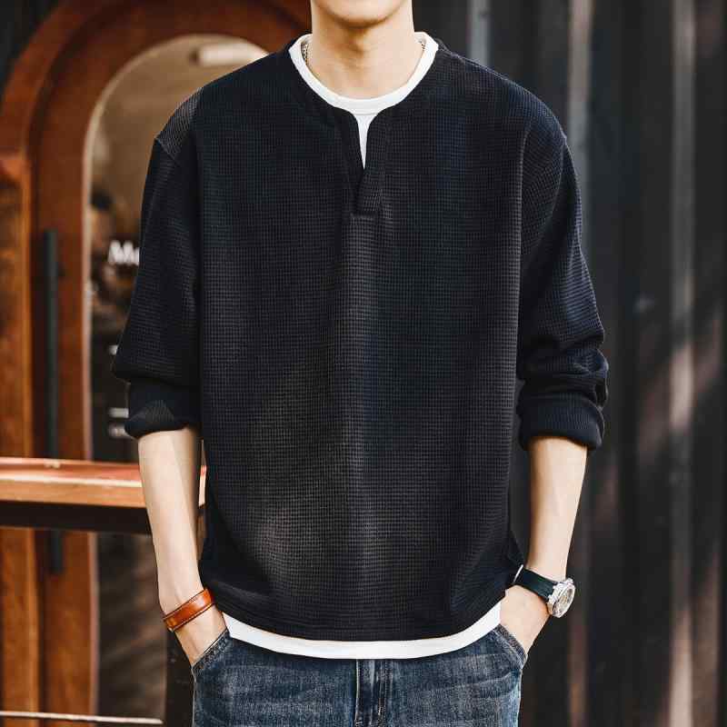 秋冬 コーデ メンズ 服 シンプル ファッション オシャレ 大人 かっこいい 大きいサイズ ストリート 紳士服 アメリカン ヘビー ワッフル フェイク ツーピース Vネック T シャツ トップス