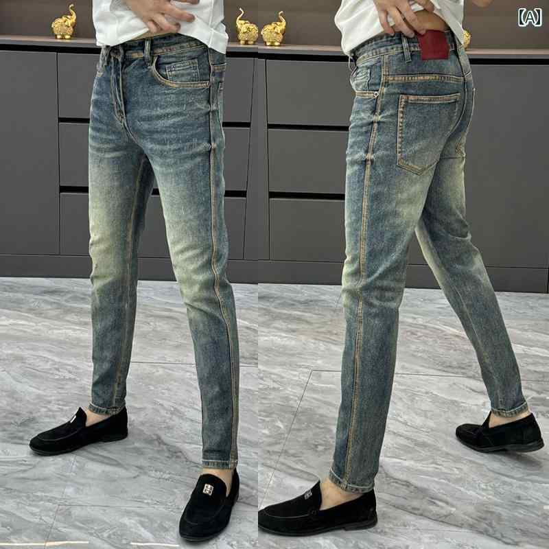 秋冬 コーデ メンズ 服 シンプル ファッション オシャレ 大人 かっこいい 大きいサイズ ストリート 紳士服 ハイエンド ウォッシュ ブルー ジーンズ スリムフィット ヨーロピアン ストレッチ ストレート レッグ 九分丈 パンツ