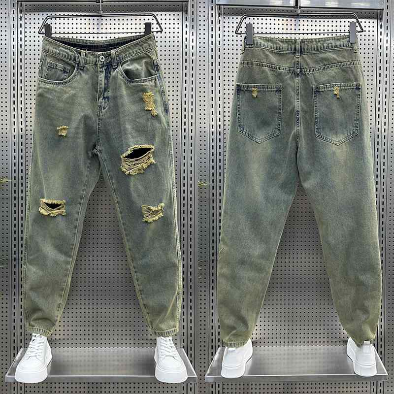 秋冬 コーデ メンズ 服 シンプル ファッション オシャレ 大人 かっこいい 大きいサイズ ストリート 紳士服 リップド ジーンズ ストレート パンツ レトロ 薄手 ウォッシュド カジュアル