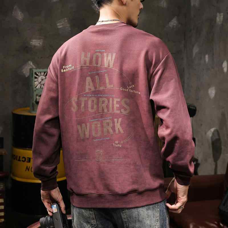 秋冬 コーデ メンズ 服 シンプル ファッション オシャレ 大人 かっこいい 大きいサイズ ストリート 紳士服 アメリカン レトロ ヘビー ラウンドネック プルオーバー 長袖 スウェットシャツ T シャツ ジャケット アウター