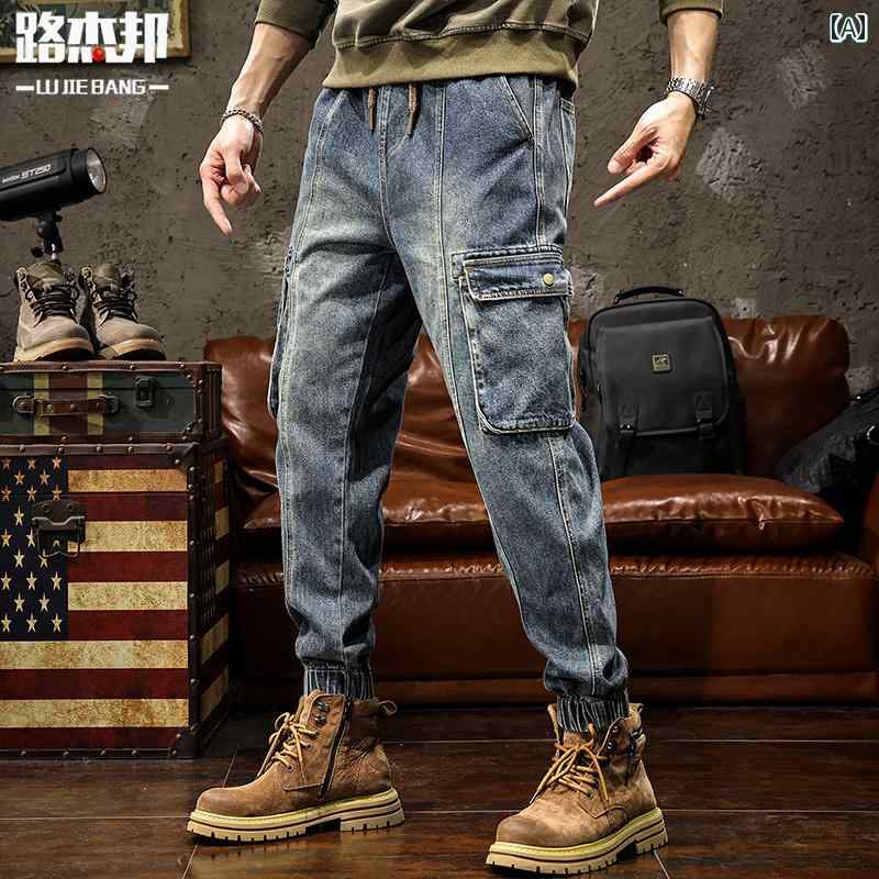 秋冬 コーデ メンズ 服 シンプル ファッション オシャレ 大人 かっこいい 大きいサイズ ストリート 紳士服 アメリカン レトロ ヘビーデューティ ワークウェア ジーンズ ズボン マルチ ポケット パンツ