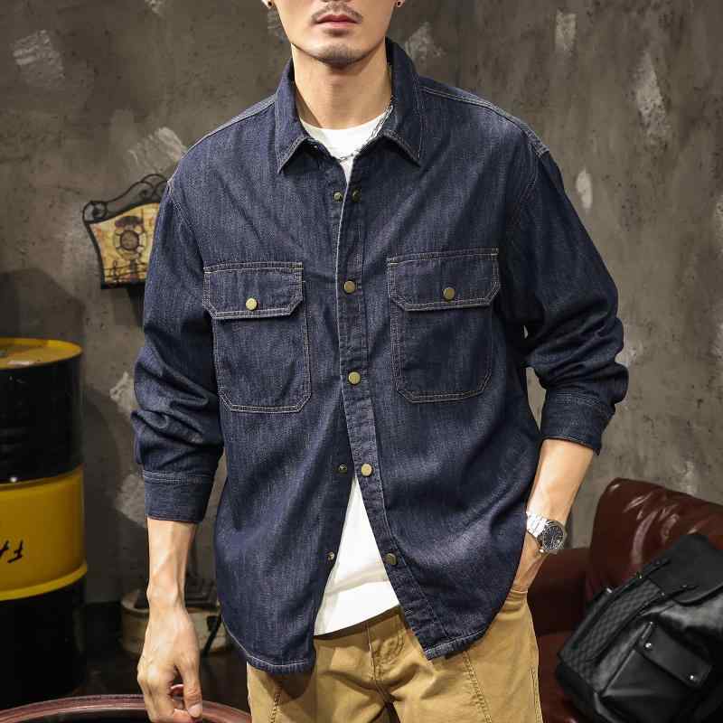秋冬 コーデ メンズ 服 シンプル ファッション オシャレ 大人 かっこいい 大きいサイズ ストリート 紳士服 レトロ トップス ステッチ カラー デニムシャツ ジャケット アウター 長袖 シャツ トップス