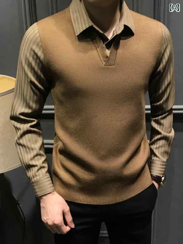 秋冬 コーデ メンズ 服 シンプル ファッション オシャレ 大人 かっこいい 大きいサイズ ストリート 紳士服 ストライプ フェイク ツーピース セーター シャツ 袖 スリム カジュアル ビジネス