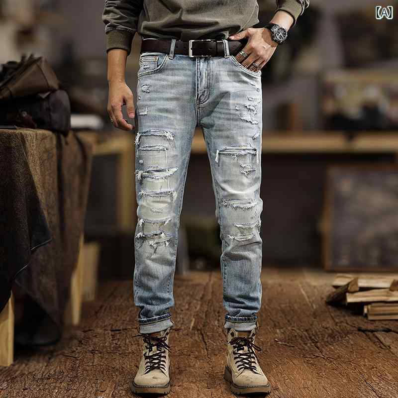 秋冬 コーデ メンズ 服 シンプル ファッション オシャレ 大人 かっこいい 大きいサイズ ストリート 紳士服 ハイエンド ライト ブルー リッピング ジーンズ アメリカン ストリート スリムフィット パンツ