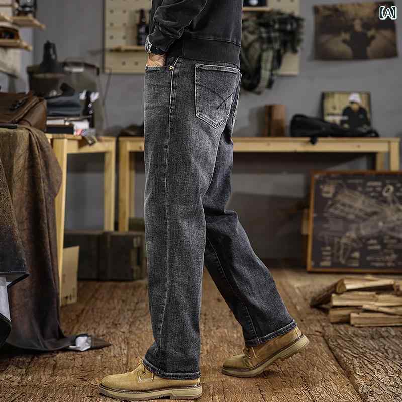 秋冬 コーデ メンズ 服 シンプル ファッション オシャレ 大人 かっこいい 大きいサイズ ストリート 紳士服 ハイエンド アメリカン レトロ ウォッシュ加工 ダメージ ジーンズ ストレート ヘビー バンブー コットンストレッチ カジュアル パンツ