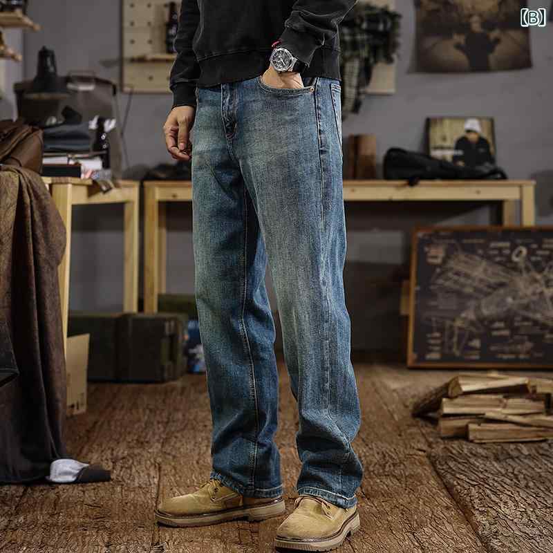 秋冬 コーデ メンズ 服 シンプル ファッション オシャレ 大人 かっこいい 大きいサイズ ストリート 紳士服 ハイエンド アメリカン レトロ ウォッシュ加工 ダメージ ジーンズ ストレート ヘビー バンブー コットンストレッチ カジュアル パンツ