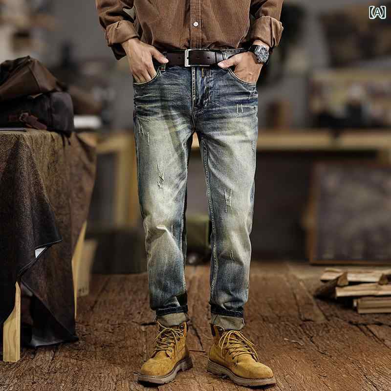 秋冬 コーデ メンズ 服 シンプル ファッション オシャレ 大人 かっこいい 大きいサイズ ストリート 紳士服 ハイエンド レトロ ストレート ジーンズ カジュアル ブルー パンツ ズボン