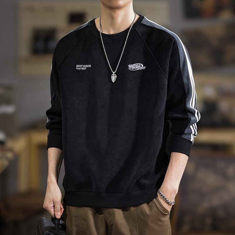 秋冬 コーデ メンズ 服 シンプル ファッション オシャレ 大人 かっこいい 大きいサイズ ストリート 紳士服 アメリカン ストライプ スウェットシャツ ラウンドネック カジュアル レイヤリング シャツ トップス