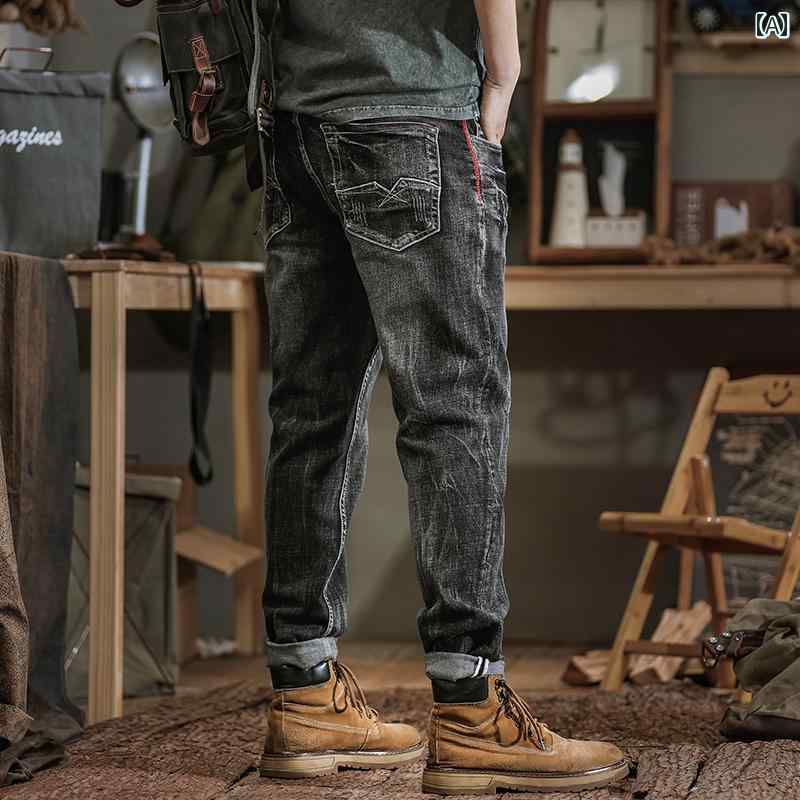 秋冬 コーデ メンズ 服 シンプル ファッション オシャレ 大人 かっこいい 大きいサイズ ストリート 紳士服 ブラック ジーンズ スリム ストレート ストレッチ パンツ アメリカン レトロ カジュアル パンツ