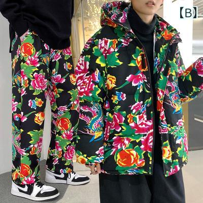秋冬 コーデ メンズ 服 シンプル ファッション オシャレ 大人 かっこいい 大きいサイズ ストリート 紳士服 花 ジャケット アウター 綿服 ユニセックス 男女共 綿 カラー プリント レディース
