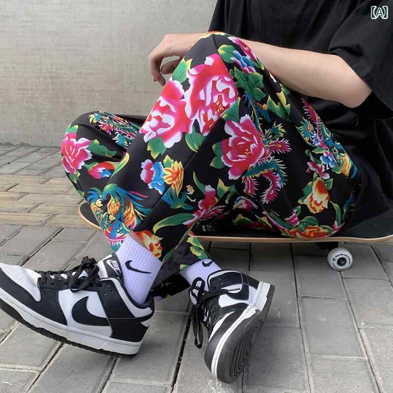 秋冬 コーデ メンズ 服 シンプル ファッション オシャレ 大人 かっこいい 大きいサイズ ストリート 紳士服 花 アジアンテイスト カジュアル パンツ 九分丈 エスニック 牡丹 花柄 プリント スリム