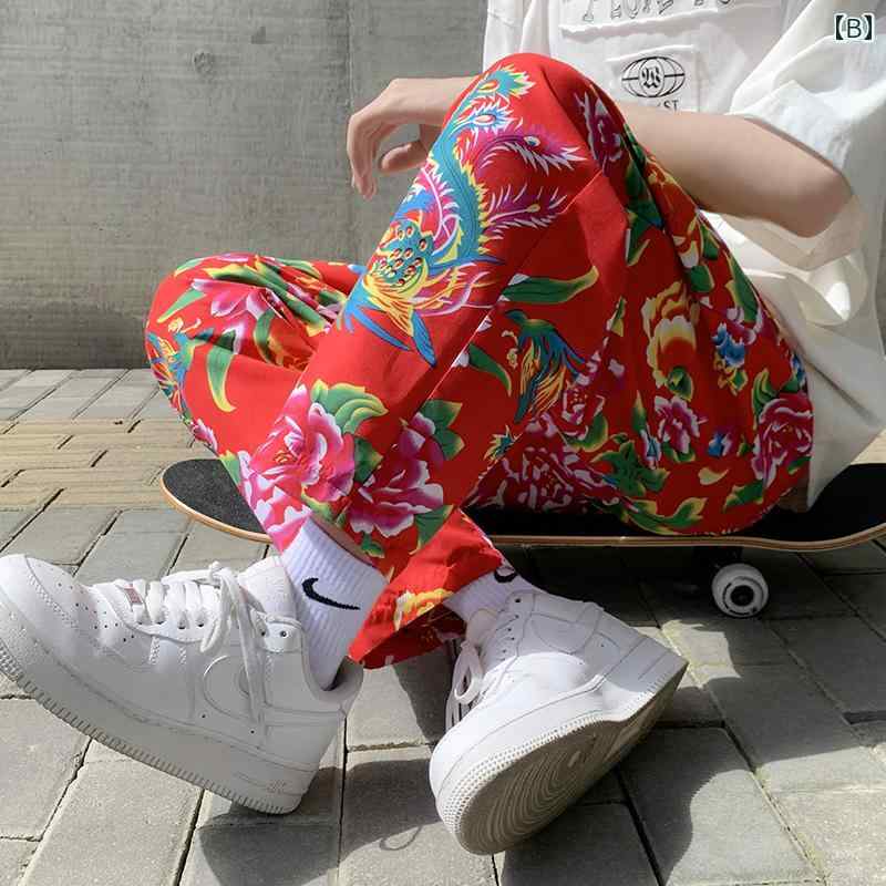 秋冬 コーデ メンズ 服 シンプル ファッション オシャレ 大人 かっこいい 大きいサイズ ストリート 紳士服 花 アジアンテイスト カジュアル パンツ 九分丈 エスニック 牡丹 花柄 プリント スリム