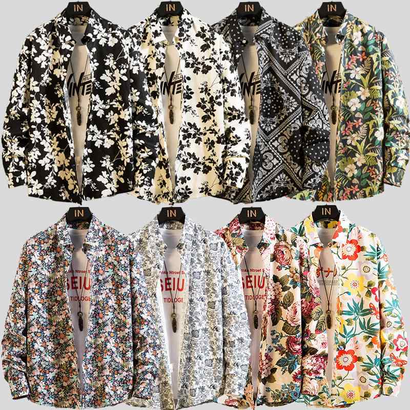 秋冬 コーデ メンズ 服 シンプル ファッション オシャレ 大人 かっこいい 大きいサイズ ストリート 紳士服 花柄 トップス カジュアル アンティーク シャツ プリント 長袖