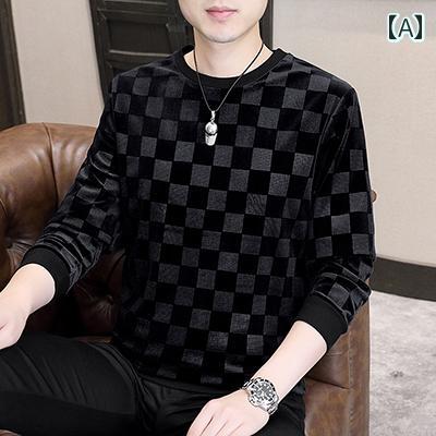 秋冬 コーデ メンズ 服 シンプル ファッション オシャレ 大人 かっこいい 大きいサイズ ストリート 紳士服 ゴールド エンボス トレーナー トップス チェック柄 プリント 長袖