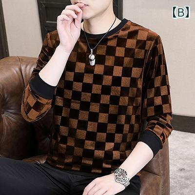 秋冬 コーデ メンズ 服 シンプル ファッション オシャレ 大人 かっこいい 大きいサイズ ストリート 紳士服 ゴールド エンボス トレーナー トップス チェック柄 プリント 長袖