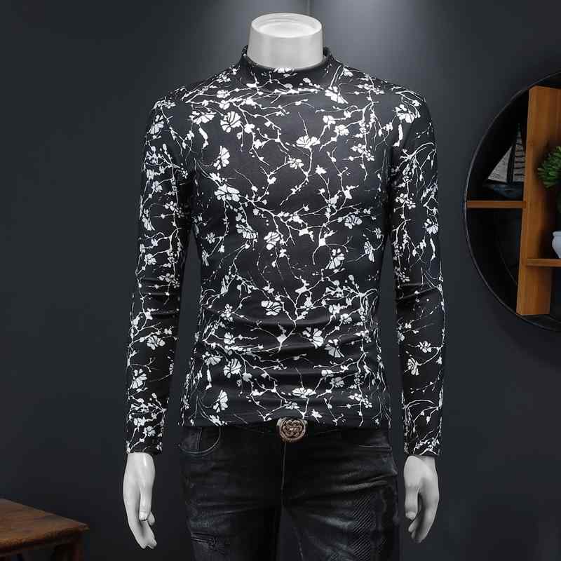 秋冬 コーデ メンズ 服 シンプル ファッション オシャレ 大人 かっこいい 大きいサイズ ストリート 紳士服 黒 白 花柄 プリント カジュアル トップス レイヤリング シャツ ハーフ タートルネック プルオーバー 普段着 T 長袖