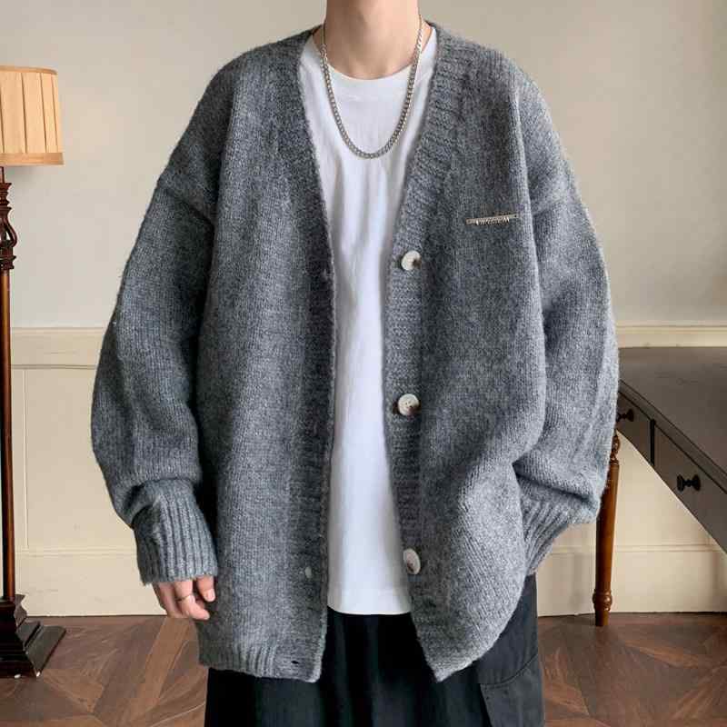 秋冬 コーデ メンズ 服 シンプル ファッション オシャレ 大人 かっこいい 大きいサイズ ストリート 紳士服 Vネック セーター 長袖 カーディガン 無地 ニット ジャケット アウター(4)