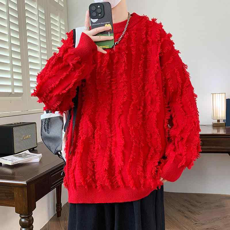 秋冬 コーデ メンズ 服 シンプル ファッション オシャレ 大人 かっこいい 大きいサイズ ストリート 紳士服 赤 ラウンドネック プルオーバー 長袖 カジュアル トップス レイヤリング セーター