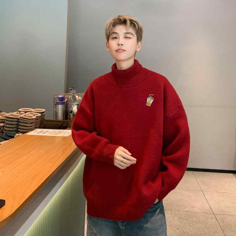 秋冬 コーデ メンズ 服 シンプル ファッション オシャレ 大人 かっこいい 大きいサイズ ストリート 紳士服 タートルネック プルオーバー 長袖 赤 バッジ ステッチ セーター トップス