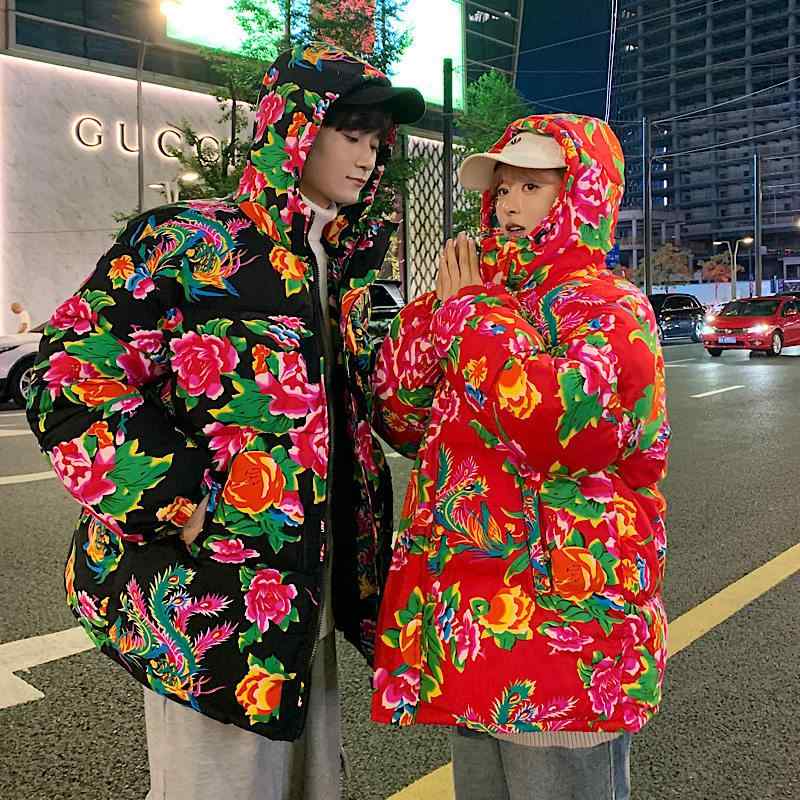 秋冬 コーデ メンズ 服 シンプル ファッション オシャレ 大人 かっこいい 大きいサイズ ストリート 紳士服 ユニセックス 男女共 花柄 プリント 綿 ジャケット アウター レディース フード付き 普段着 暖かい